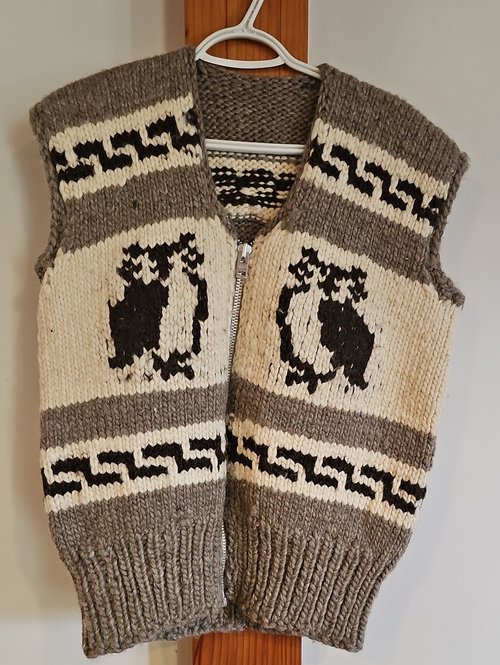 Hand Knit Vintage Cowichan Wool Vest With Owl Pattern